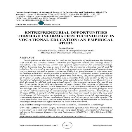 ENTREPRENEURIAL OPPORTUNITIES THROUGH INFORMATION TECHNOLOGY IN VOCATIONAL ED...