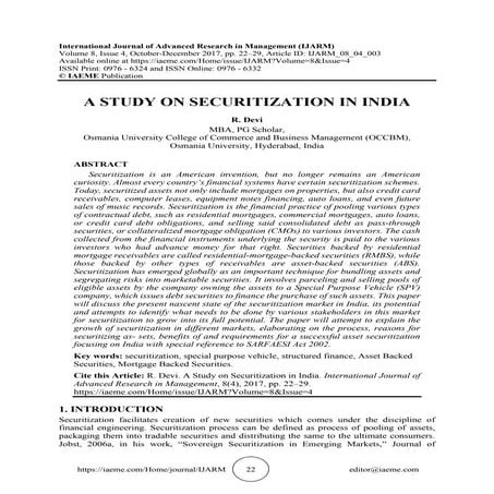 A STUDY ON SECURITIZATION IN INDIA