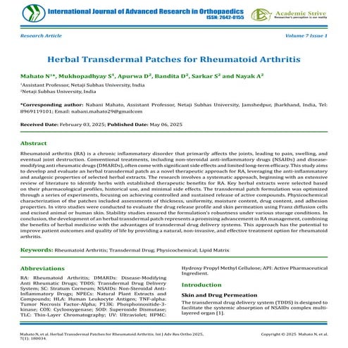 Herbal Transdermal Patches for Rheumatoid Arthritis | PDF