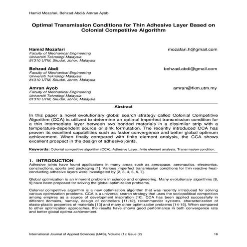 Optimization of Thin Adhesive Layer Based on Colonial Competitive Algorithm