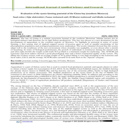 Evaluation of the oyster farming potential of the Cintra bay (southern Morocco)