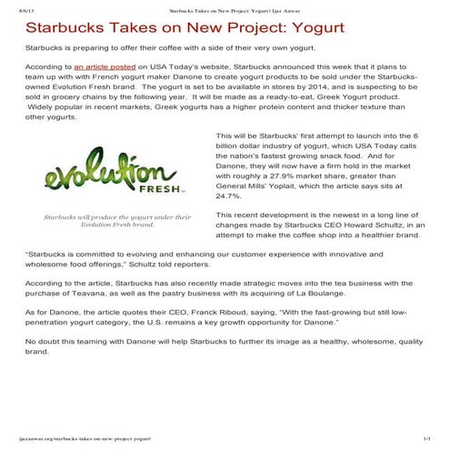 Starbucks Takes on New Project: Yogurt | PDF