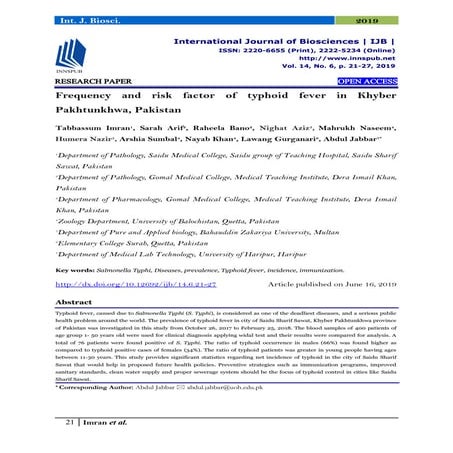 Epidemiology and Risk Factors of Typhoid Fever in Khyber Pakhtunkhwa ...
