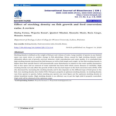 Effect of stocking density on fish growth and feed conversion ratio: A ...