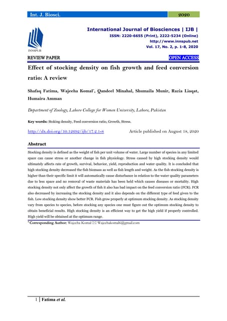 Effect of stocking density on fish growth and feed conversion ratio: A ...