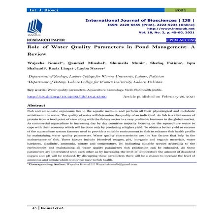 Role of Water Quality Parameters in Pond Management: A Review | PDF