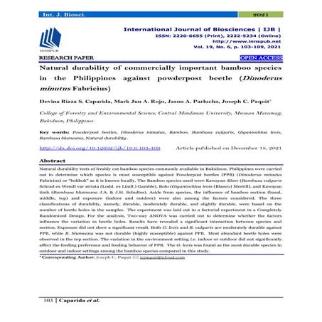 Natural durability of commercially important bamboo species in the Philippines against powderpost beetle (Dinoderus minutus Fabricius)