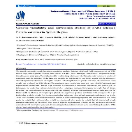 Genetic variability and correlation studies of BARI released Potato varieties...