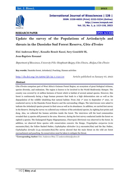 Update the survey of the Populations of Artiodactyls and threats in the Dassi...