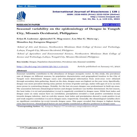 Seasonal variability on the epidemiology of Dengue in Tangub City ...