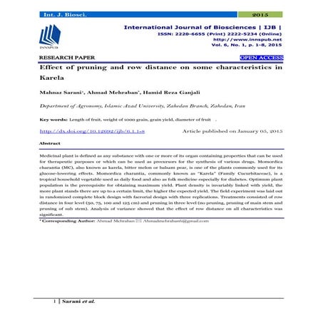 Effect of pruning and row distance on some characteristics in Karela - IJB