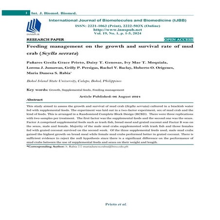 Feeding management on the growth and survival rate of mud crab (Scylla serrata)