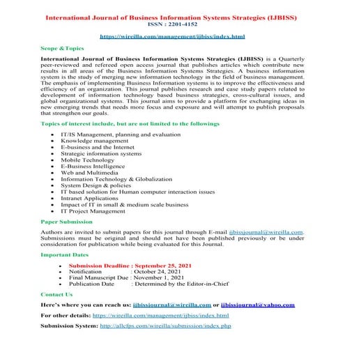 Call for papes !!! International Journal of Business Information Systems Strategies (IJBISS) 
