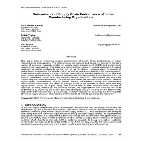 Determinants of Supply Chain Performance of Indian Manufacturing Organizations