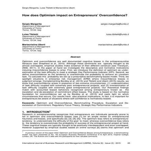 How does Optimism impact on Entrepreneurs’ Overconfidence?