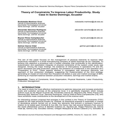 Theory of Constraints To Improve Labor Productivity. Study Case In Santo Domi...