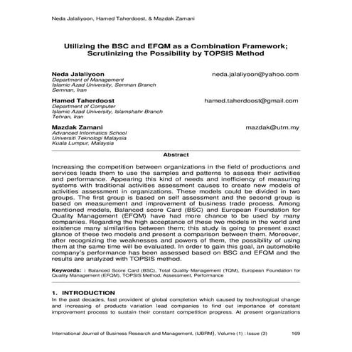 Utilizing the BSC and EFQM as a Combination Framework; Scrutinizing the Possi...