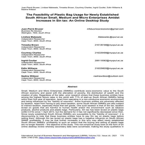 The Feasibility of Plastic Bag Usage for Newly Established South African Small, Medium and Micro Enterprises Amidst Increases in Sin tax: An Online Desktop Study