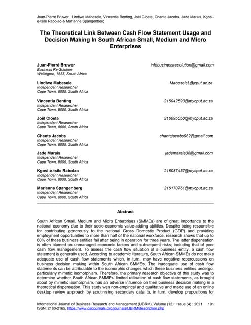The Theoretical Link Between Cash Flow Statement Usage and Decision Making In South African Small, Medium and Micro Enterprises
