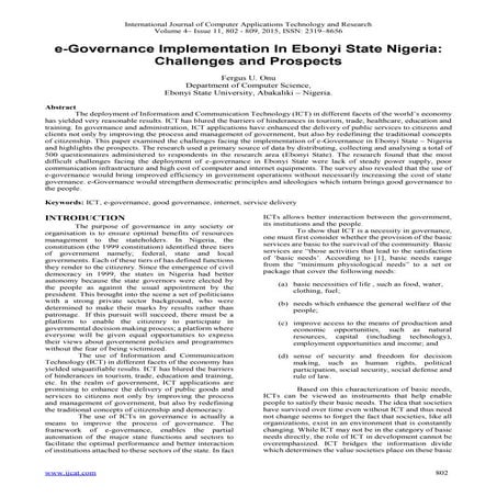 e-Governance Implementation In Ebonyi State Nigeria: Challenges and Prospects