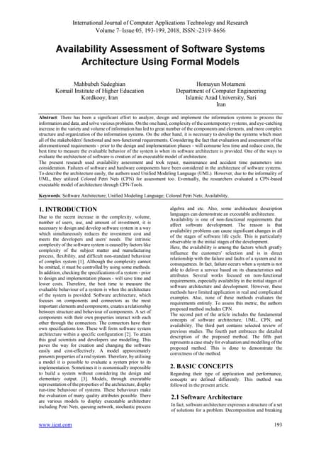 Availability Assessment of Software Systems Architecture Using Formal Models