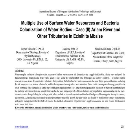 Multiple Use of Surface Water Resources and Bacteria Colonization of Water Bodies - Case (II) Ariam River and Other Tributaries in Ezinihite Mbaise