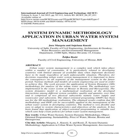 SYSTEM DYNAMIC METHODOLOGY APPLICATION IN URBAN WATER SYSTEM MANAGEMENT
