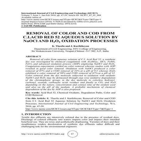 REMOVAL OF COLOR AND COD FROM C.I.ACID RED 52 AQUEOUS SOLUTION BY NaOCl AND H...
