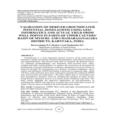 VALIDATION OF DERIVED GROUNDWATER POTENTIAL ZONES (GWPZ) USING GEO-INFORMATIC...