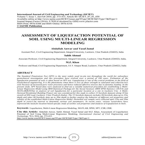 ASSESSMENT OF LIQUEFACTION POTENTIAL OF SOIL USING MULTI-LINEAR REGRESSION MO...