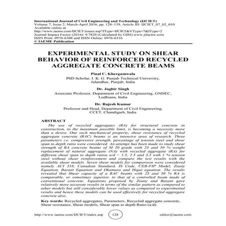 EXPERIMENTAL STUDY ON SHEAR BEHAVIOR OF REINFORCED RECYCLED AGGREGATE ...
