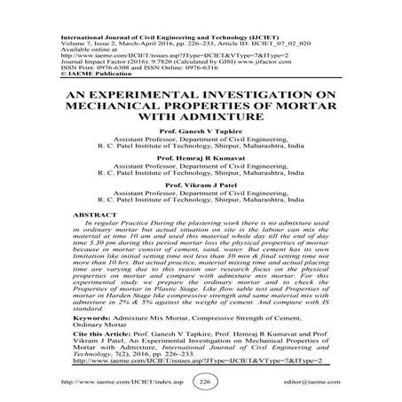 AN EXPERIMENTAL INVESTIGATION ON MECHANICAL PROPERTIES OF MORTAR WITH ADMIXTURE