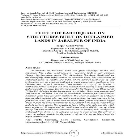 EFFECT OF EARTHQUAKE ON STRUCTURES BUILT ON RECLAIMED LANDS IN JABALPUR OF INDIA