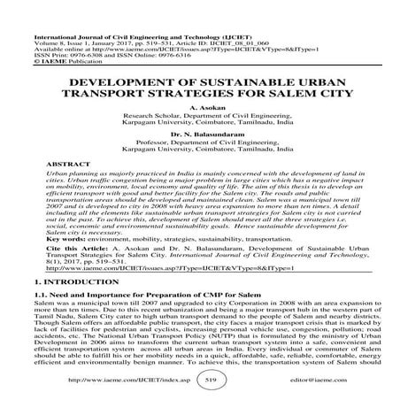 DEVELOPMENT OF SUSTAINABLE URBAN TRANSPORT STRATEGIES FOR SALEM CITY | PDF