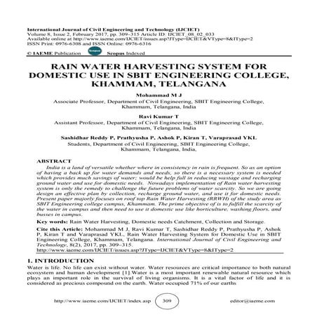 RAIN WATER HARVESTING SYSTEM FOR DOMESTIC USE IN SBIT ENGINEERING COLLEGE, KH...