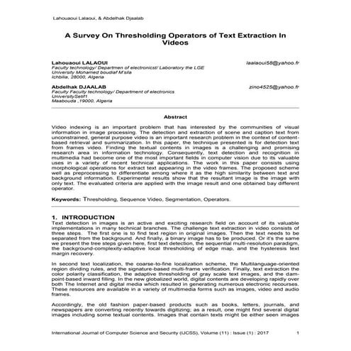 A Survey On Thresholding Operators of Text Extraction In Videos