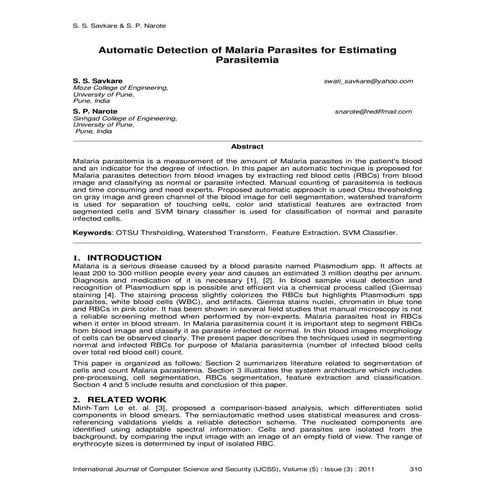 Automatic Detection of Malaria Parasites for Estimating Parasitemia