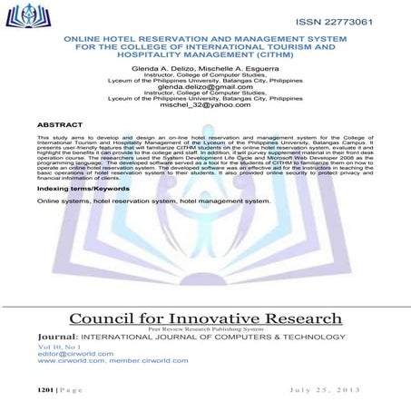 ONLINE HOTEL RESERVATION AND MANAGEMENT SYSTEM  FOR THE COLLEGE OF INTERNATIO...