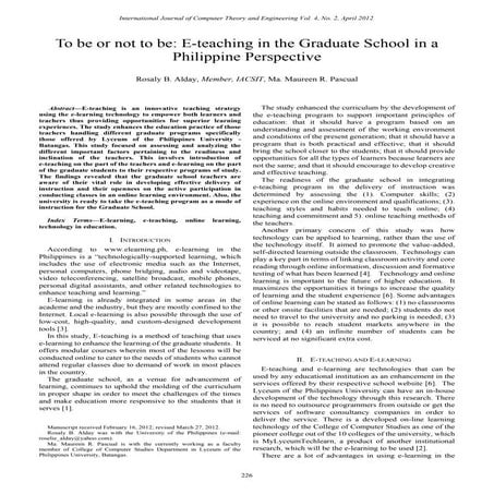 To be or not to be : E - tea ching in the Graduate School in a  Philippine Pe...