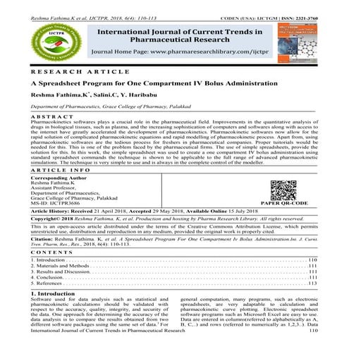 A SPREADSHEET PROGRAM FOR ONE COMPARTMENT IV BOLUS ADMINISTRATION