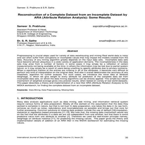 Reconstruction of a Complete Dataset from an Incomplete Dataset by ARA (Attri...