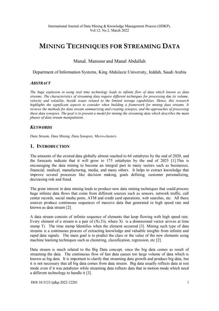 MINING TECHNIQUES FOR STREAMING DATA