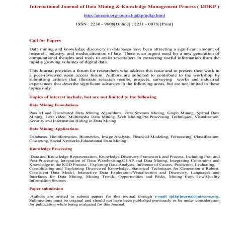 International Journal of Data Mining & Knowledge Management Process ( IJDKP )