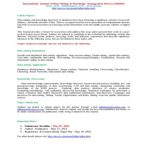 International Journal of Data Mining & Knowledge Management Process (IJDKP)