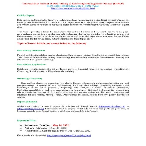  International Journal of Data Mining & Knowledge Management Process ( IJDKP )