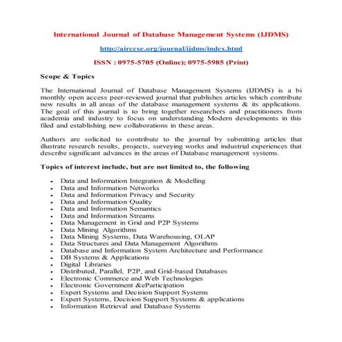 International Journal of Database Management Systems (IJDMS)