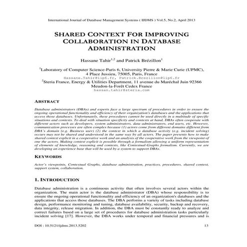 SHARED CONTEXT FOR IMPROVING  COLLABORATION IN DATABASE ADMINISTRATION 