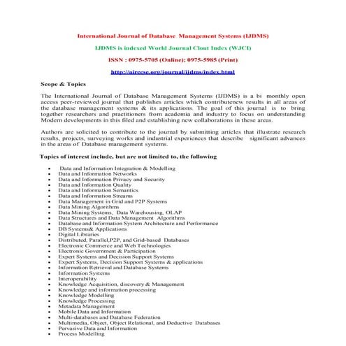 Call for Papers - International Journal of Database Management Systems (IJDMS)