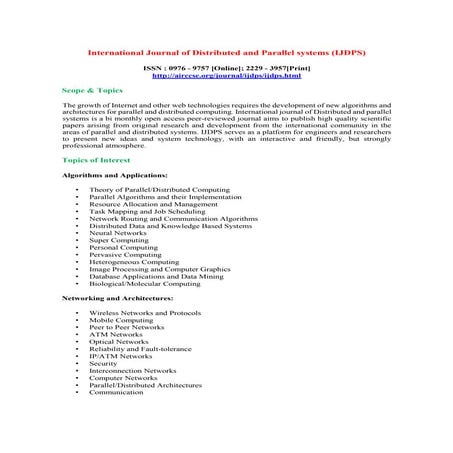 Call for Papers - International Journal of Distributed and Parallel systems (IJDPS)
