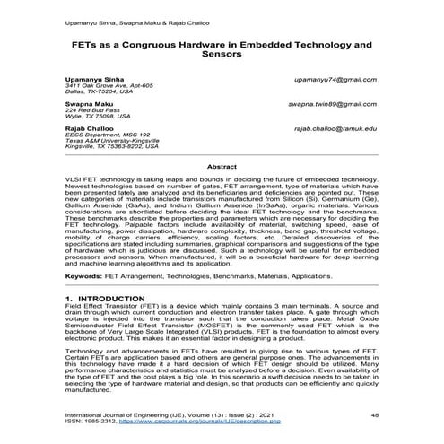 FETs as a Congruous Hardware in Embedded Technology and Sensors